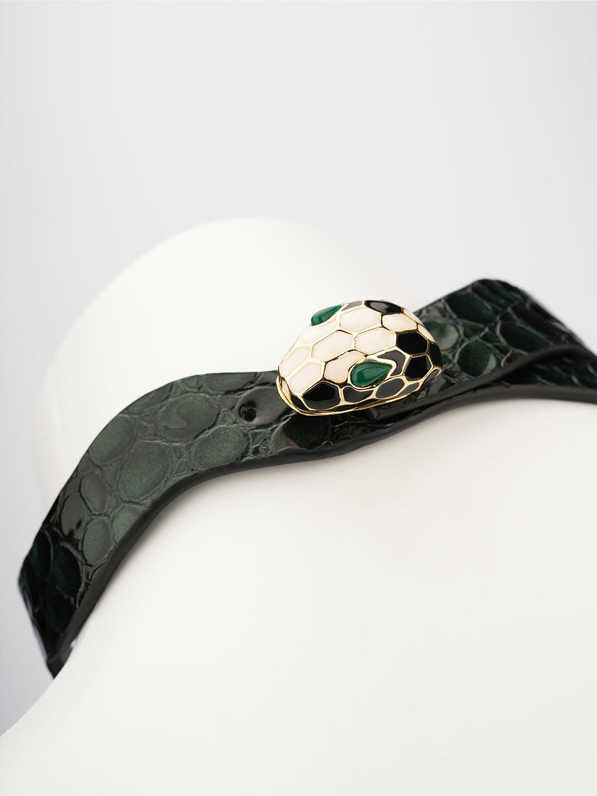 Greenie-Stone Embossed Leather In Blackish Green