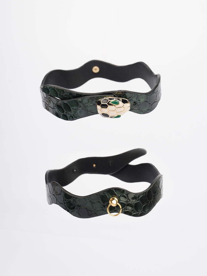 Greenie-Stone Embossed Leather In Blackish Green