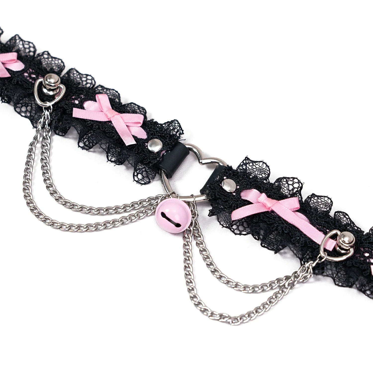 QIYE_Leather_Lilith_Collar_Choker_Heat_Reactive: A heat - reactive choker laid flat, featuring black lace, pink bows, metallic chains, and a pink bell.