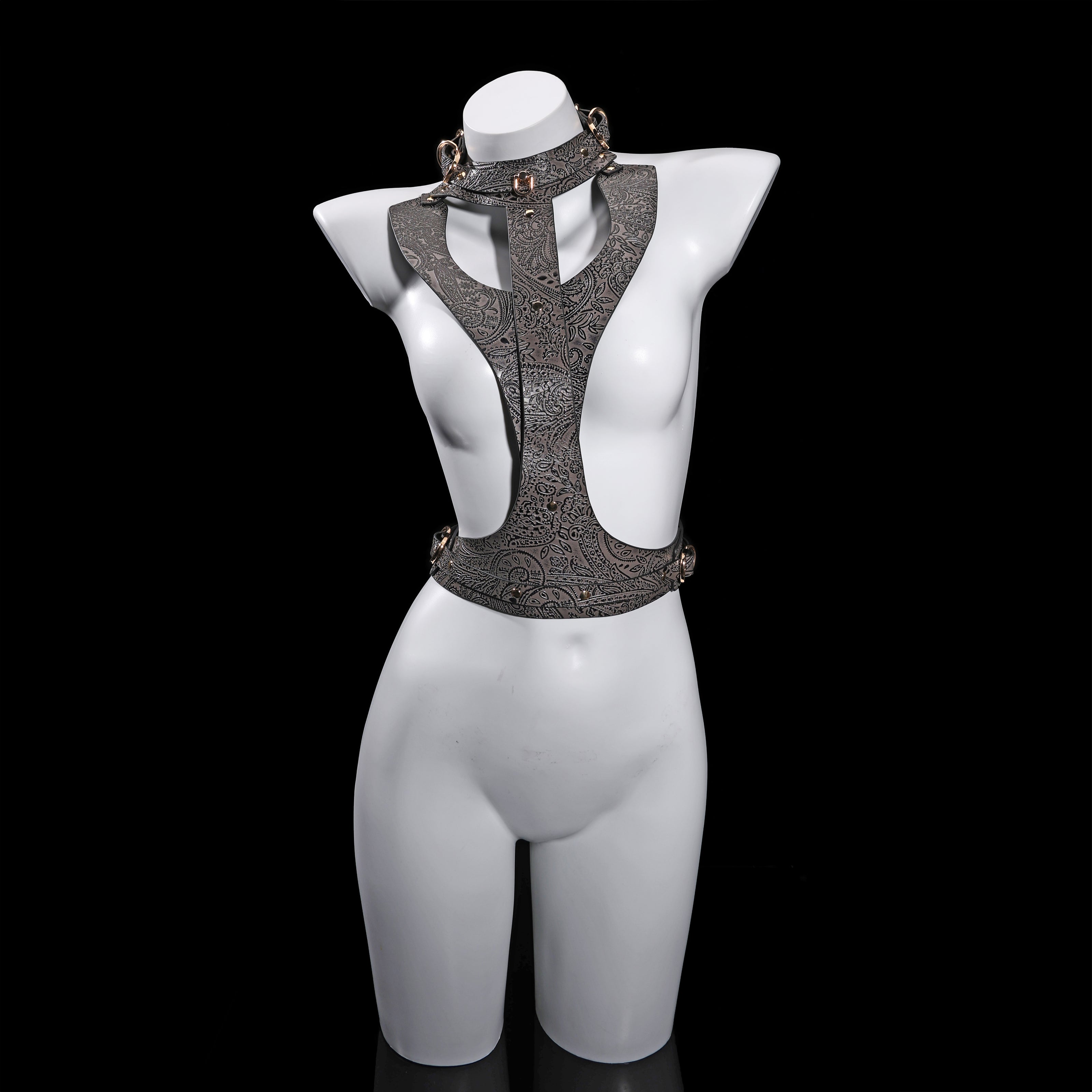 Lagyeta Bondage Harness-Embossed Leather Paisley Patterns