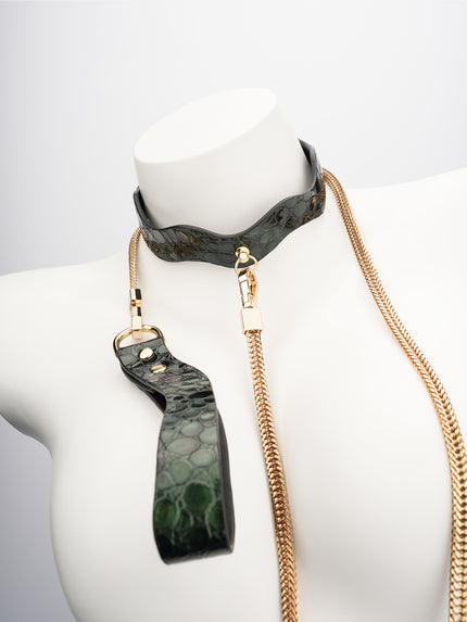 Greenie-Stone Embossed Leather In Blackish Green