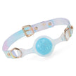 Foam_Handmade_Soft_Silicone_BDSM_Ball_Gag: Handmade BDSM ball gag (sex gag) crafted from soft silicone, showcasing iridescent clear straps and a blue foam - textured gag, blending artisanal design for kink play.