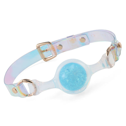 Foam_Handmade_Soft_Silicone_BDSM_Ball_Gag: Handmade BDSM ball gag (sex gag) crafted from soft silicone, showcasing iridescent clear straps and a blue foam - textured gag, blending artisanal design for kink play.