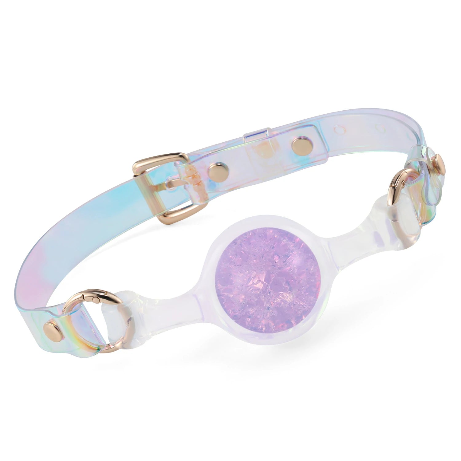 Foam_Handmade_Soft_Silicone_BDSM_Ball_Gag: Handmade BDSM ball gag (sex gag) crafted from soft silicone, featuring iridescent clear straps and a purple foam - textured gag, blending artisanal design for kink play.