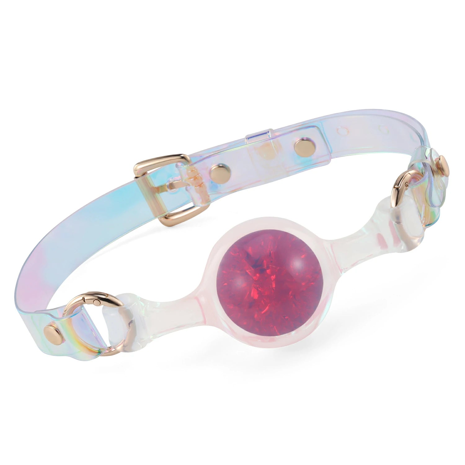 Foam_Handmade_Soft_Silicone_BDSM_Ball_Gag: Handmade BDSM ball gag (sex gag) crafted from soft silicone, featuring iridescent clear straps and a red foam - textured gag, blending artisanal design for kink play.