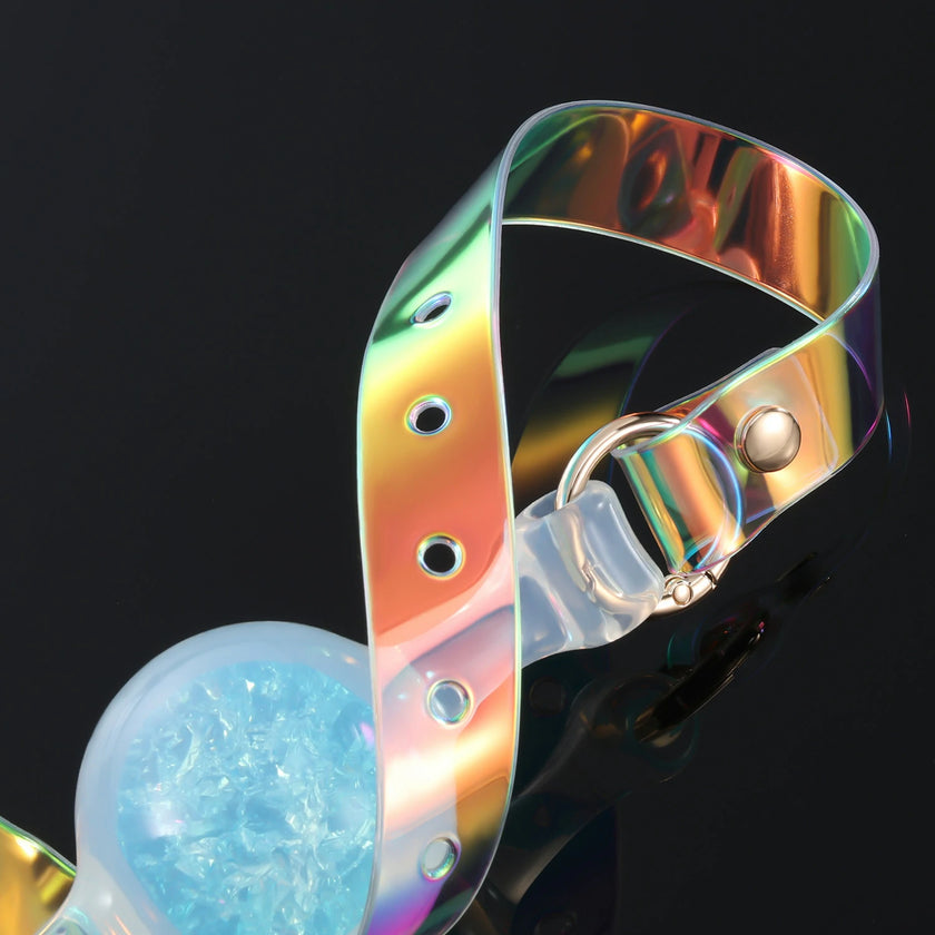 Foam_Handmade_Soft_Silicone_BDSM_Ball_Gag: Handmade BDSM ball gag (sex gag) featuring iridescent rainbow - sheen straps and a blue foam - embedded silicone ball, blending artisanal design for kink play.