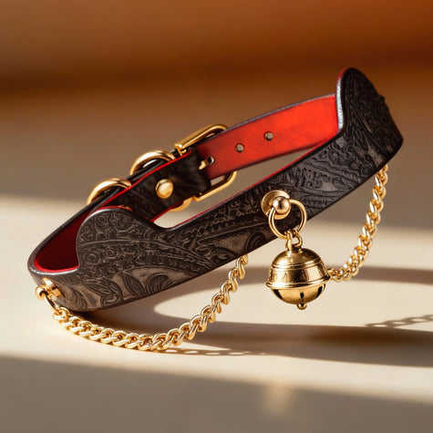 Black embossed leather choker with red heat-reacitve interior leather, featuring a decorative gold jingle bell and hanging gold metal chains