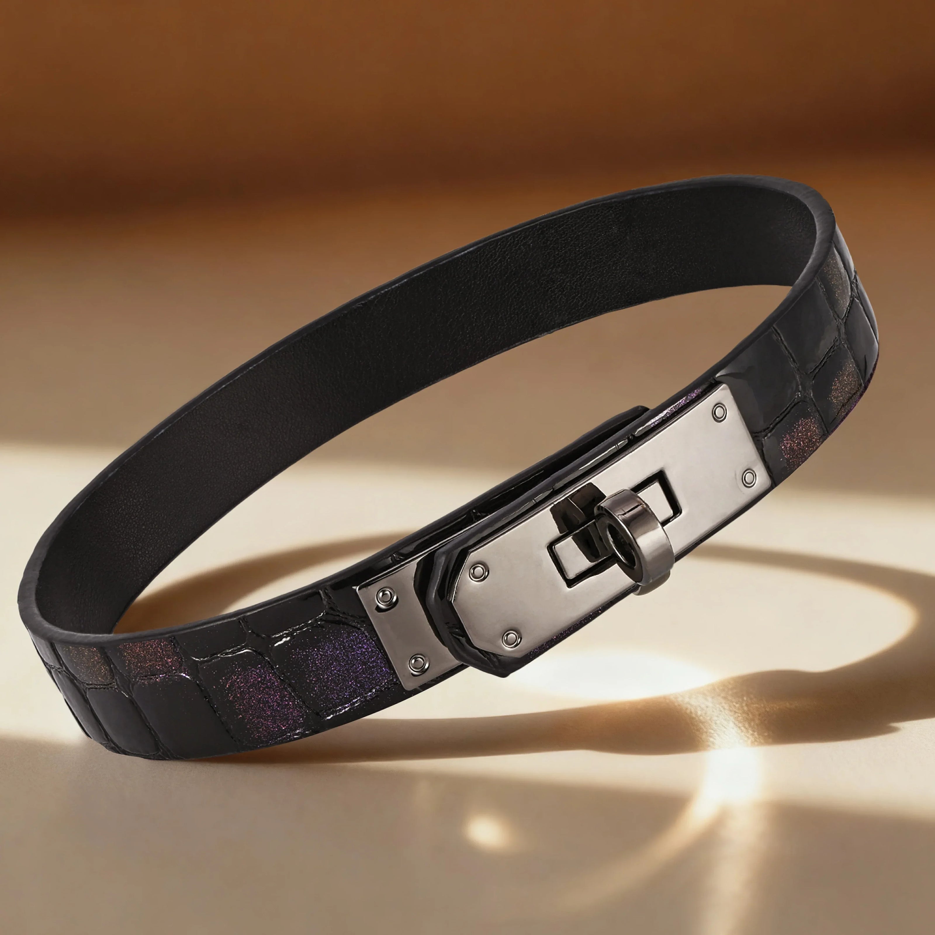  Crocodile leather choker with a glossy finish, featuring a polished gunmetal-tone turn-lock buckle
