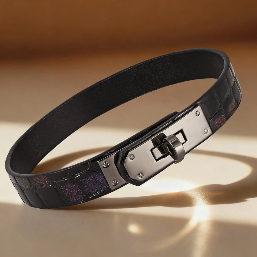  Crocodile leather choker with a glossy finish, featuring a polished gunmetal-tone turn-lock buckle