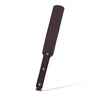 QIYE_Leather_Blaming_Words_Paddle_Heat_Reactive: Handmade BDSM paddle. Made of heat - reactive leather with color - changing ability, showcasing artisanal design for kink play, presented in pre - color - change state. 