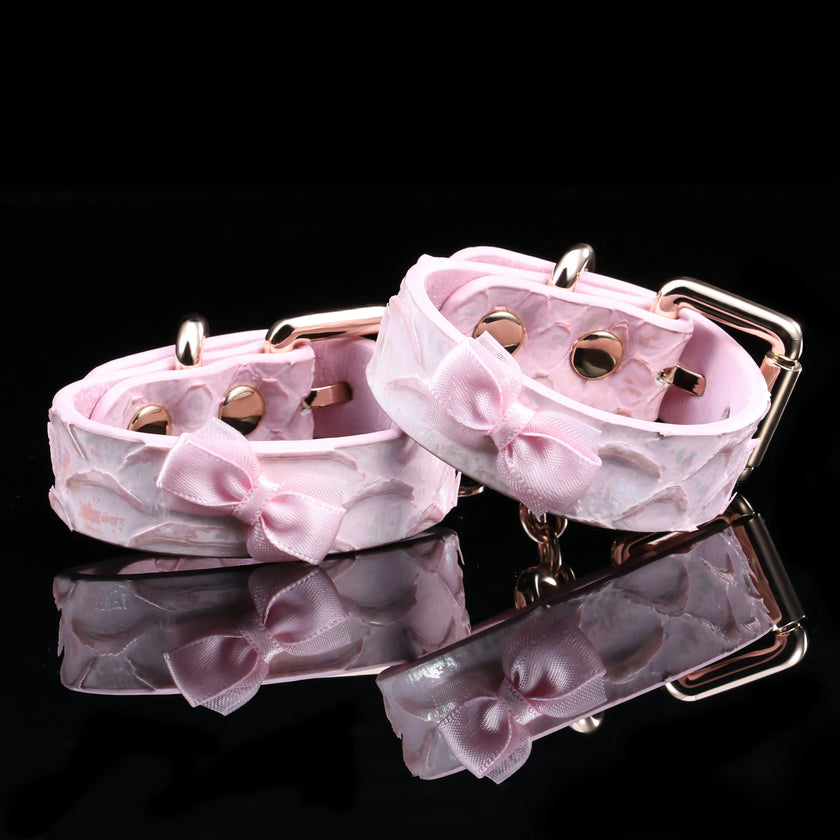 「Rococo Knot」Handmade Pink Embossed Leather Cuffs