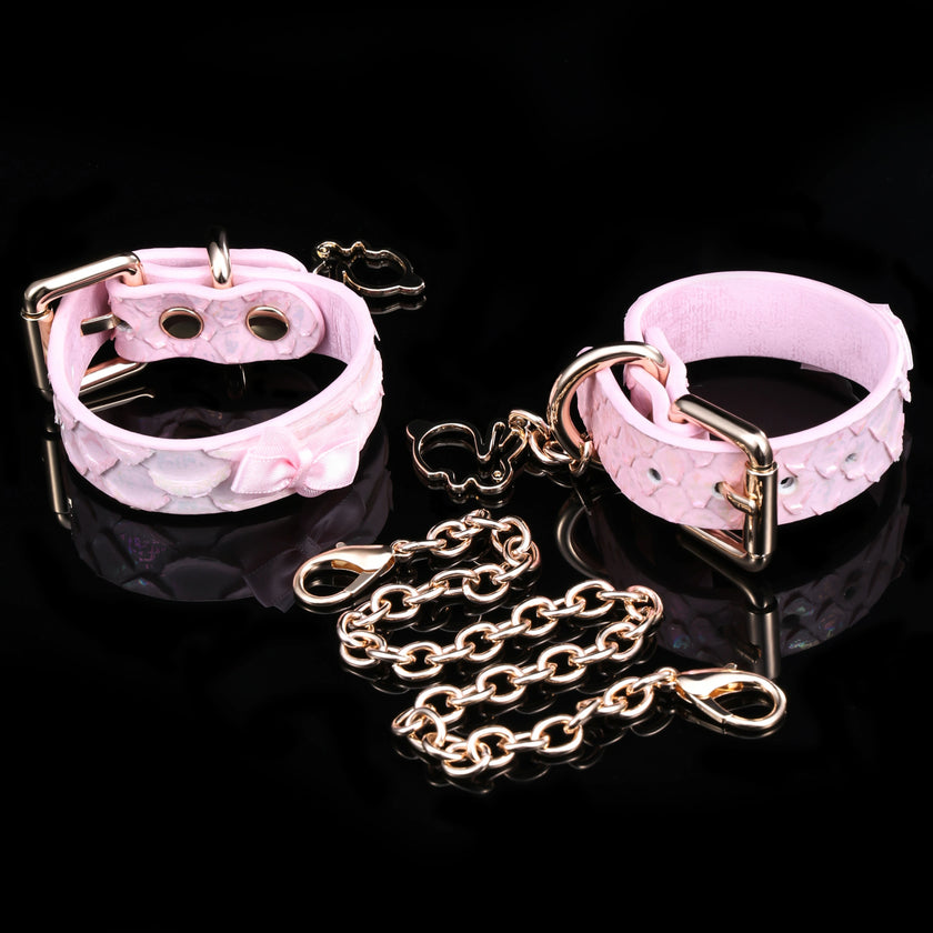 「Rococo Knot」Handmade Pink Embossed Leather Cuffs