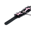QIYE_Leather_Lilith_Collar_Choker_Heat_Reactive: Close - up of the choker strap, featuring black leather with eyelets, black lace trim, pink bows, and attached metallic chains. 
