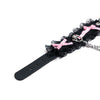 QIYE_Leather_Lilith_Collar_Choker_Heat_Reactive: Close - up of the choker strap, featuring black leather with eyelets, black lace trim, pink bows, and attached metallic chains. 