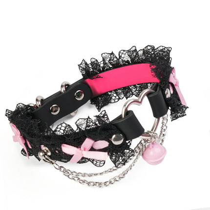 QIYE_Leather_Lilith_Collar_Choker_Heat_Reactive: A chic choker featuring black lace, pink bows, metallic components and a pink bell, showcasing its color post heat - reactive change. 