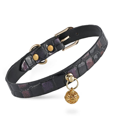 Neon-Haze-Stone Embossed Leather Choker In Glossy Jet Black&Violet