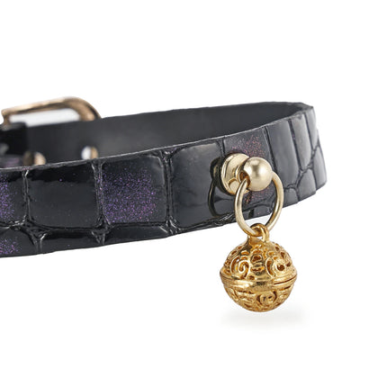 Neon-Haze-Stone Embossed Leather Choker In Glossy Jet Black&Violet