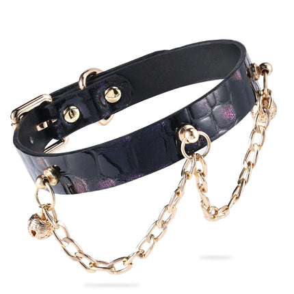 QIYE_Leather_Oriole_Collar_Choker_With_Bells: Black leather collar with smooth surface and subtle purple shimmer, with gold-tone hardware, chain and bell charms.