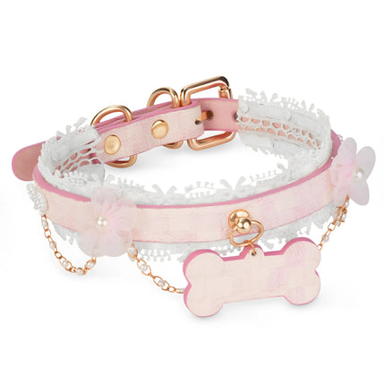 Pink Lady-Pink Leather Collar With Bone-Shaped Pendant