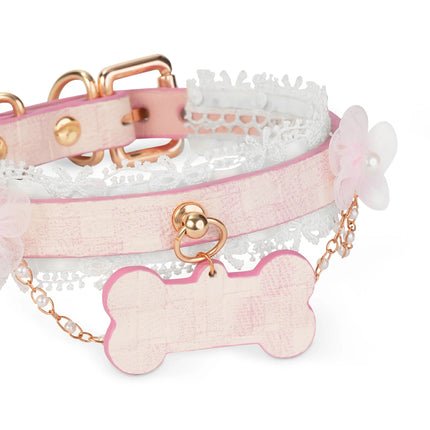 Pink Lady-Pink Leather Collar With Bone-Shaped Pendant