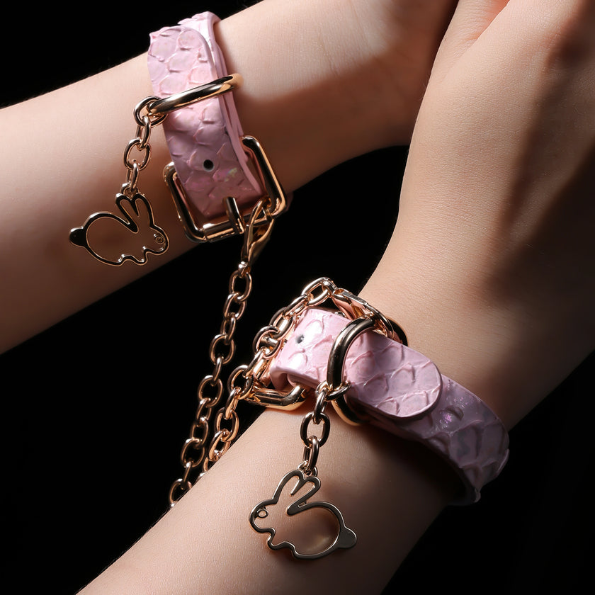 「Rococo Knot」Handmade Pink Embossed Leather Cuffs