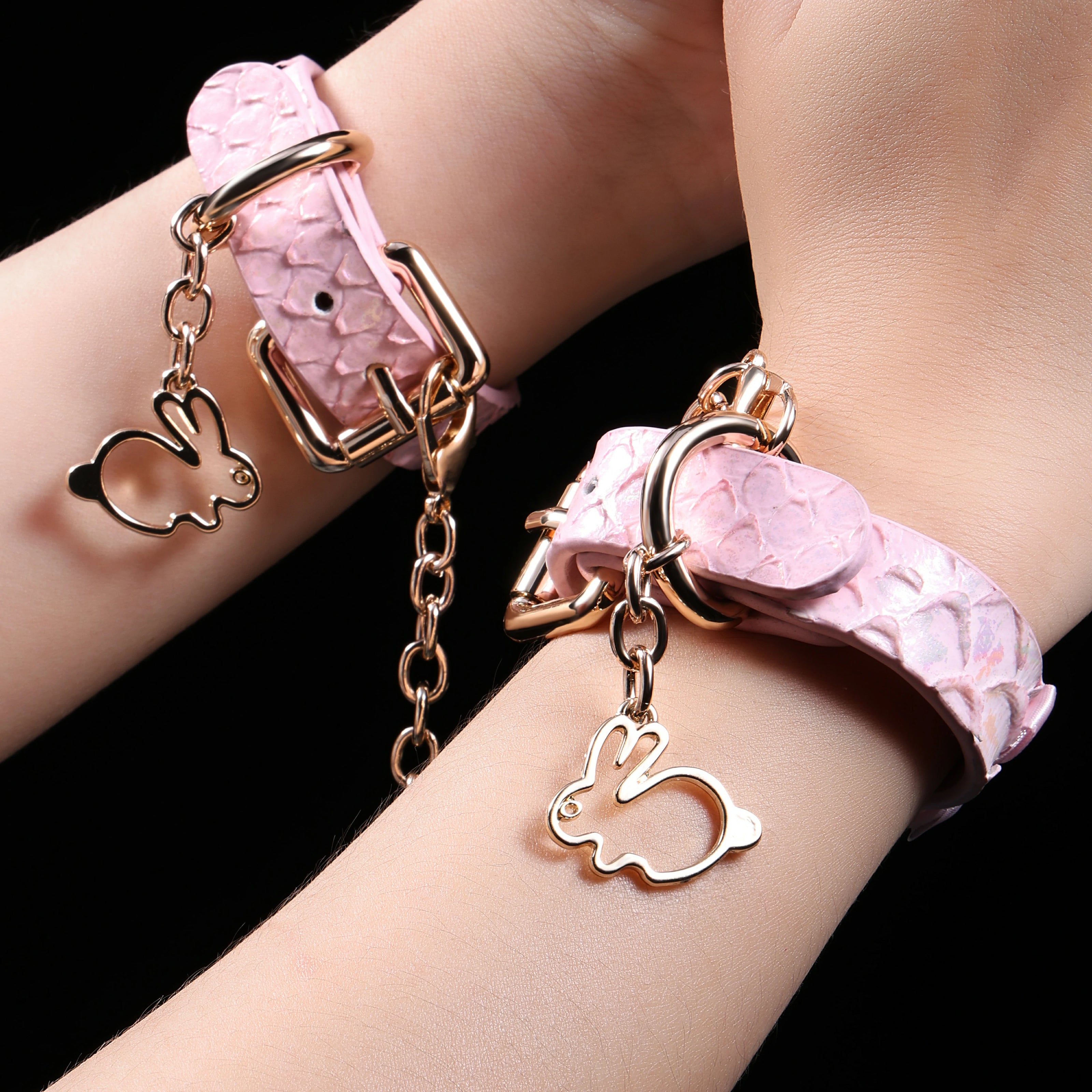 「Rococo Knot」Handmade Pink Embossed Leather Cuffs
