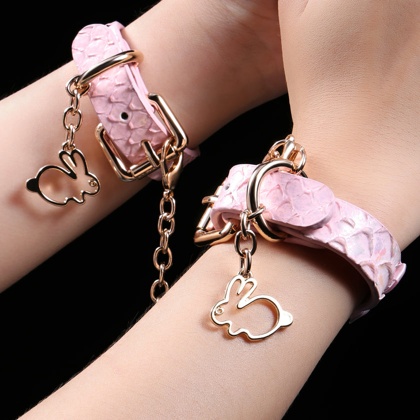 「Rococo Knot」Handmade Pink Embossed Leather Cuffs