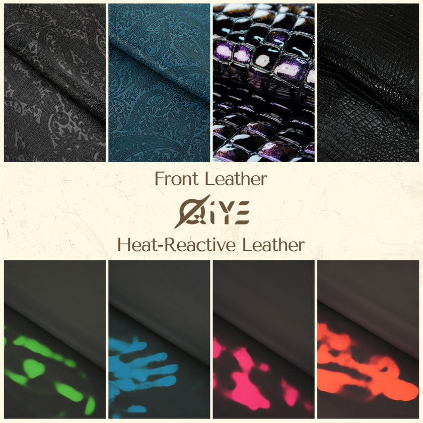 QIYE_Leather_Rouge_Thermochromic_Spanking_Paddle: A handmade BDSM leather spanking paddle offering a customization guide. It features 4 types of leather for the front (including patterned and textured options) and 4 color - changing heat - reactive leather choices, enabling creation of a one - of - a - kind leather carving spanking paddle.