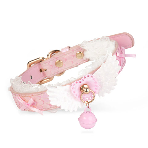 Sweet Angel-Pink Leather Collar With Angel Wings&Bells