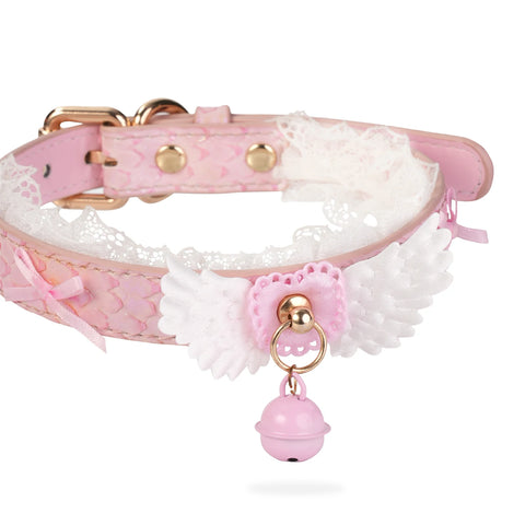 Sweet Angel-Pink Leather Collar With Angel Wings&Bells
