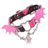 QIYE_Leather_Sweetheart_Devil_Collar_Choker: A fashionable choker featuring a black and pink gradient leather strap, metallic hardware, pink bat - wing accents with spikes, a silver chain, and a pink crystal charm. 