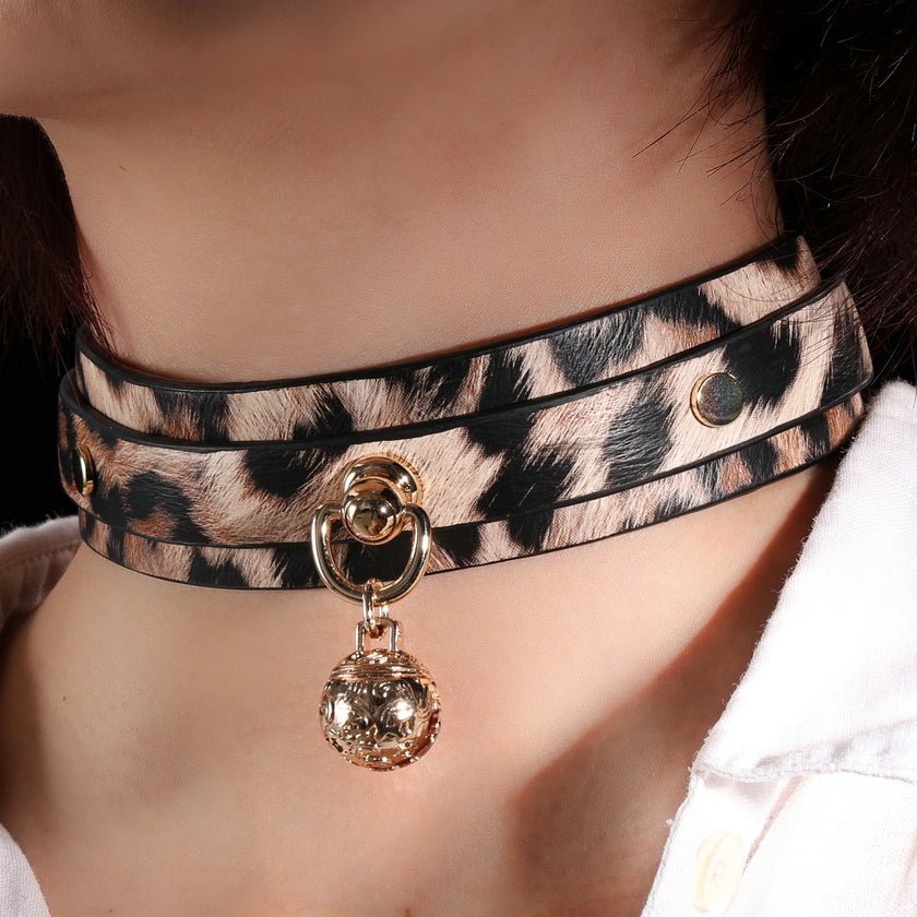 「Golden Spot」Handmade Leopard Print Leather Choker With Bell