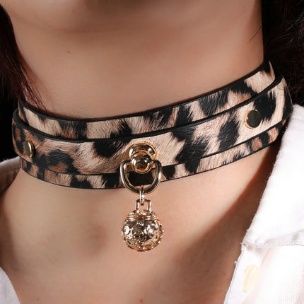 「Golden Spot」Handmade Leopard Print Leather Choker With Bell