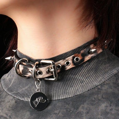 「Hunter Shadow」Handmade Leopard Print Leather Spike Collar