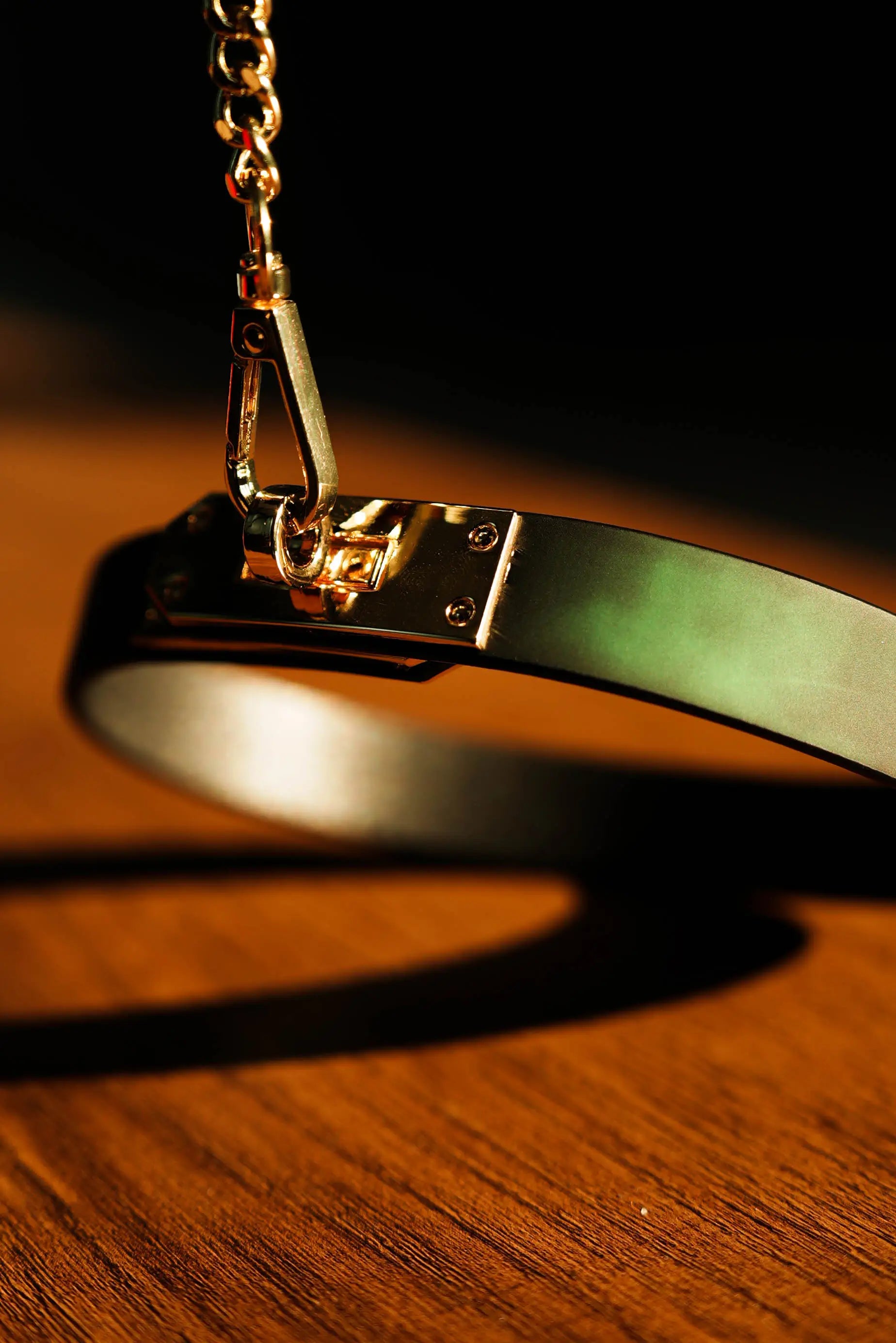 QIYE_Leathers_Heat - Reactive_Collars_green_color: A heat - reactive collar suspended against a wooden background, displaying a green heat - reactive section and shiny gold - toned metal chain and clasp.