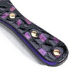 QIYE_Leathers_Heat_Reactive_Paddles_Bark_Eyes_Purple: Handmade BDSM leather carving spanking paddle. The handle features a color - changing, glittering checkered texture, with customizable leather - carved details, ideal for kink play, highlighting artisanal design.
