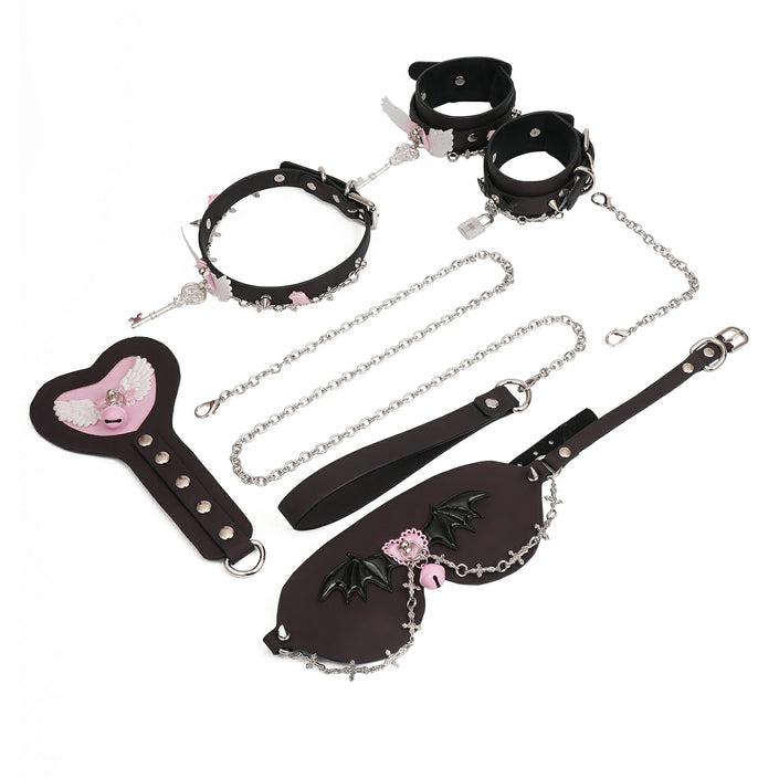 Twin_Contract_Full_Set_Heat_Reactive: Handmade Beszcze BDSM set. Mixes gothic & cute styles, uses heat - reactive, color - changing leather. Features wing details (angel & bat), blending artisanal design for kink play, with care notes for color - change activation. 